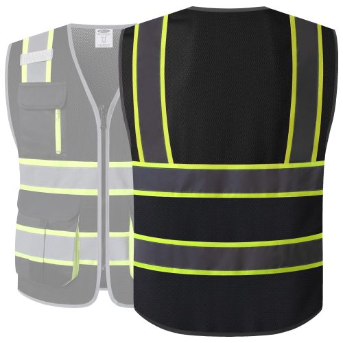 JK140HVReflectiveSafetyVestRetractableIDPocketmanypocketsBlackcoloroshacompliantforworkppeformenandwomen 2