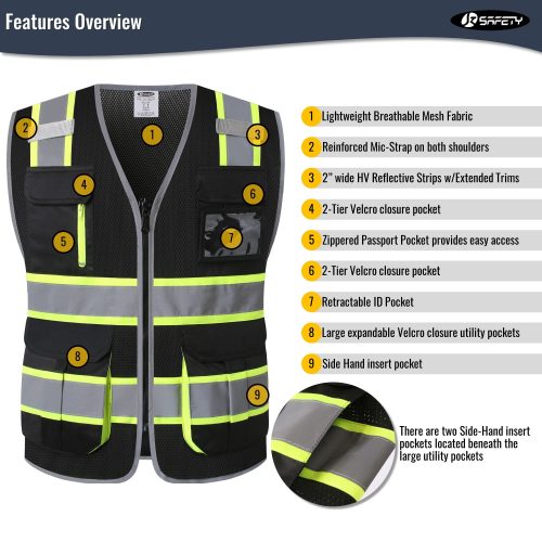 JK140HVReflectiveSafetyVestRetractableIDPocketmanypocketsBlackcoloroshacompliantforworkppeformenandwomen 3