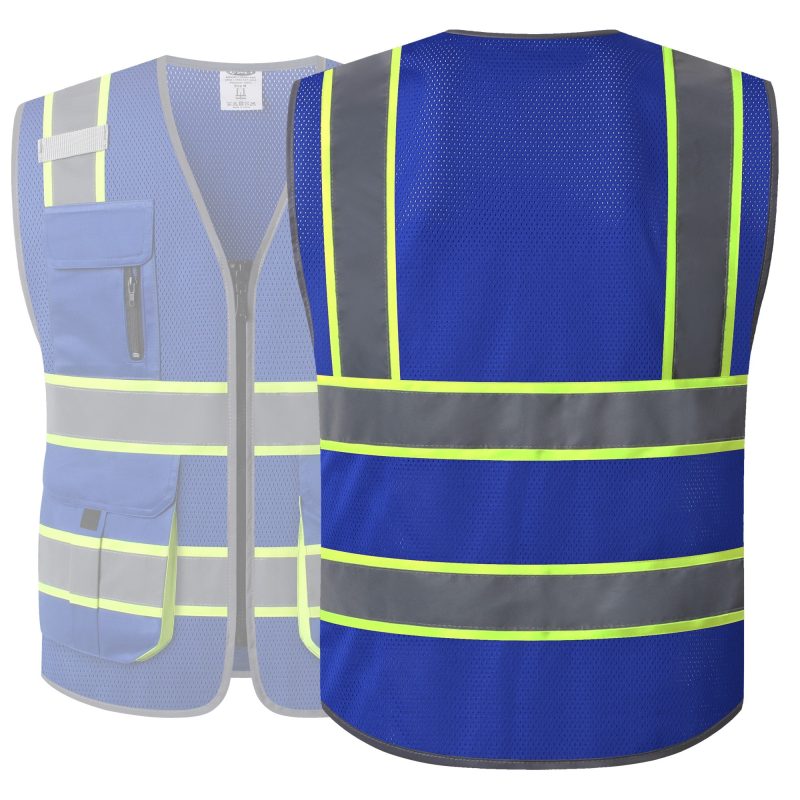 JK140HVReflectiveSafetyVestRetractableIDPocketmanypocketsBluecoloroshacompliantforworkppeformenandwomen 2