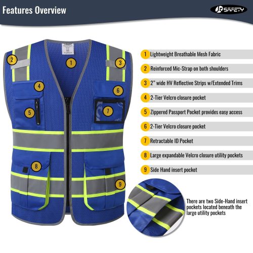 JK140HVReflectiveSafetyVestRetractableIDPocketmanypocketsBluecoloroshacompliantforworkppeformenandwomen 3