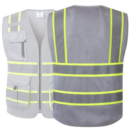 JK140HVReflectiveSafetyVestRetractableIDPocketmanypocketsGreycoloroshacompliantforworkppeformenandwomen 2