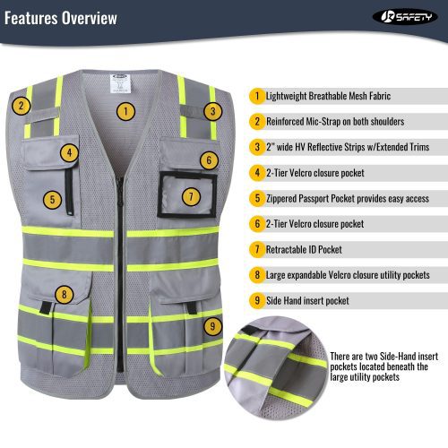 JK140HVReflectiveSafetyVestRetractableIDPocketmanypocketsGreycoloroshacompliantforworkppeformenandwomen 3