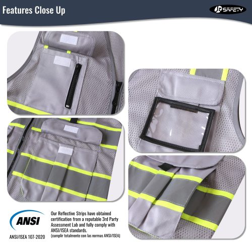 JK140HVReflectiveSafetyVestRetractableIDPocketmanypocketsGreycoloroshacompliantforworkppeformenandwomen 4