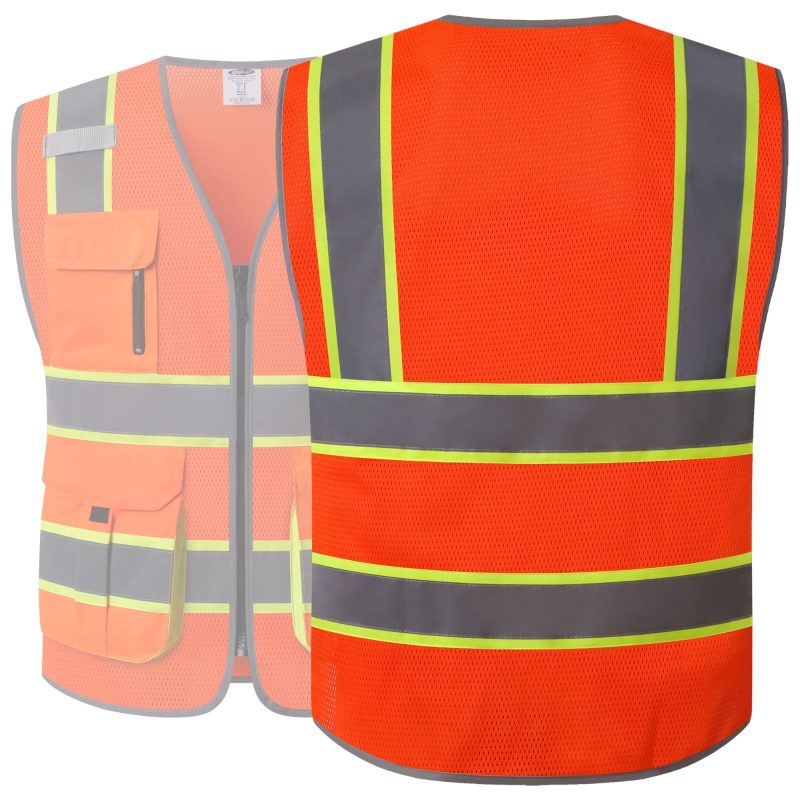 JK140HVReflectiveSafetyVestRetractableIDPocketmanypocketsOrangecoloroshacompliantforworkppeformenandwomen 2