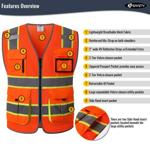 JK140HVReflectiveSafetyVestRetractableIDPocketmanypocketsOrangecoloroshacompliantforworkppeformenandwomen 3