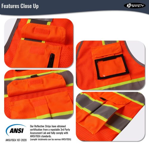 JK140HVReflectiveSafetyVestRetractableIDPocketmanypocketsOrangecoloroshacompliantforworkppeformenandwomen 4