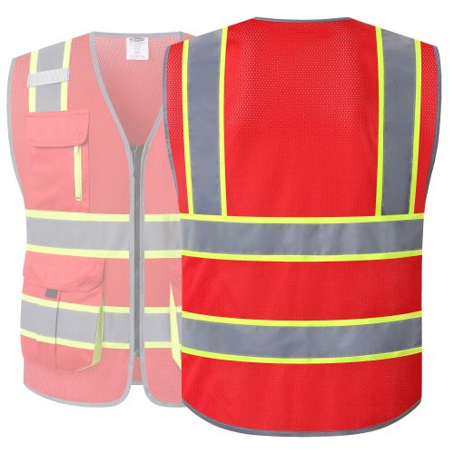 JK140HVReflectiveSafetyVestRetractableIDPocketmanypocketsRedcoloroshacompliantforworkppeformenandwomen 2