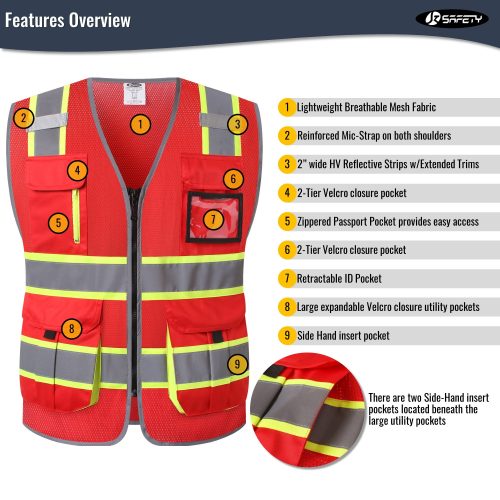 JK140HVReflectiveSafetyVestRetractableIDPocketmanypocketsRedcoloroshacompliantforworkppeformenandwomen 3