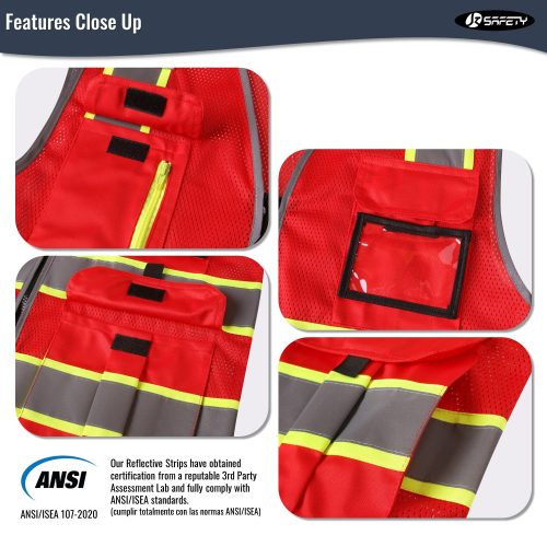 JK140HVReflectiveSafetyVestRetractableIDPocketmanypocketsRedcoloroshacompliantforworkppeformenandwomen 4