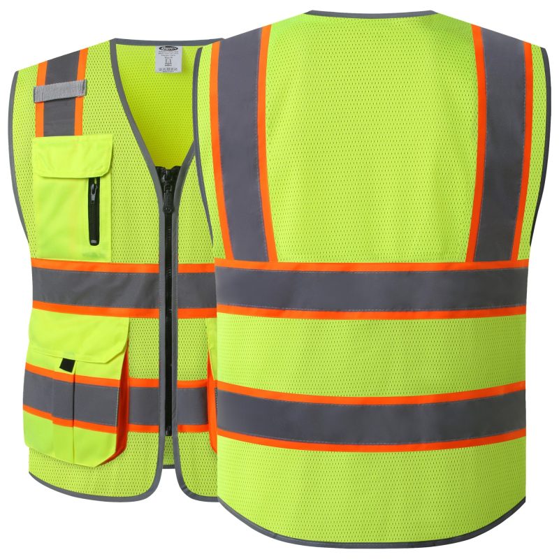 JK140HVReflectiveSafetyVestRetractableIDPocketmanypocketsYellowcoloroshacompliantforworkppeformenandwomen 2