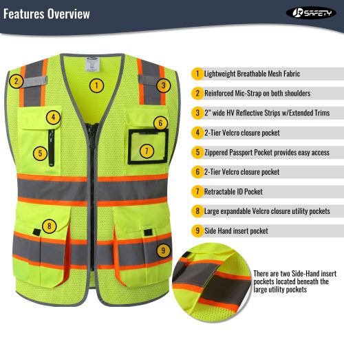 JK140HVReflectiveSafetyVestRetractableIDPocketmanypocketsYellowcoloroshacompliantforworkppeformenandwomen 3