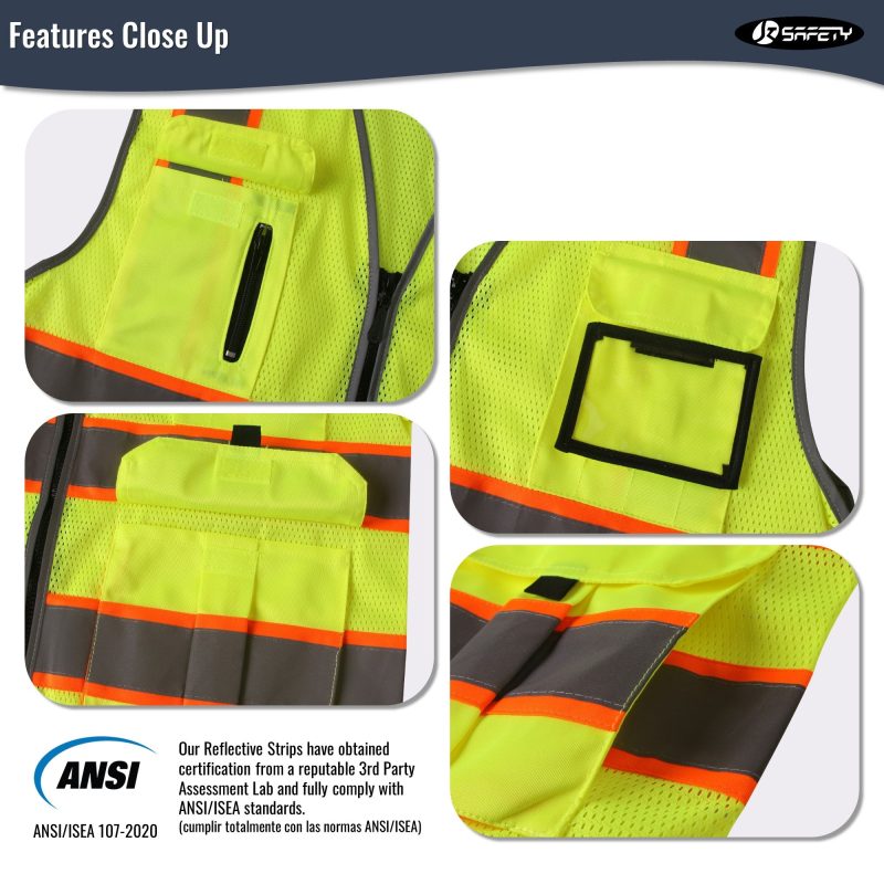 JK140HVReflectiveSafetyVestRetractableIDPocketmanypocketsYellowcoloroshacompliantforworkppeformenandwomen 4