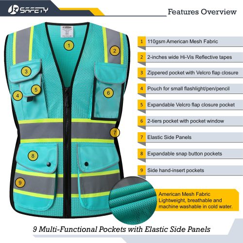 Jksafety9pocketshi visneoncolormeshwomensafetyvestforworkschalecodeseguridaddemujerdemalladealtavisibilidadparaobras 3