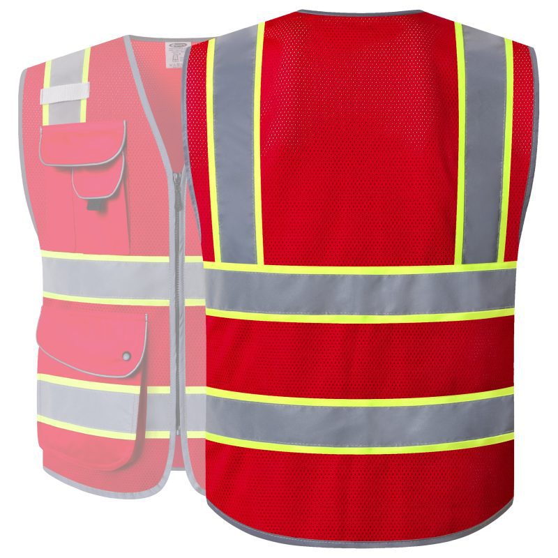 jksafety9pocketshi visreflectivesafetyvestmeshneonredanisoshacomplianceformenandwomen 2