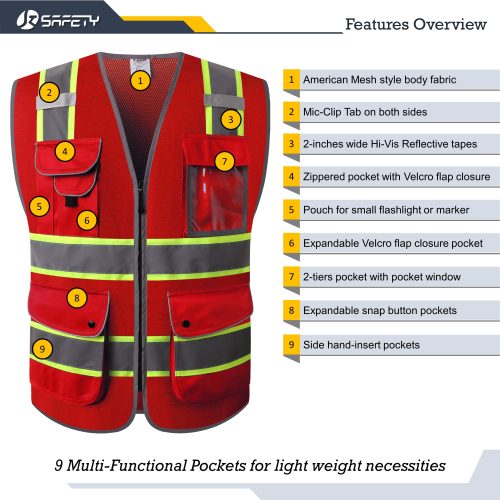 jksafety9pocketshi visreflectivesafetyvestmeshneonredanisoshacomplianceformenandwomen 3