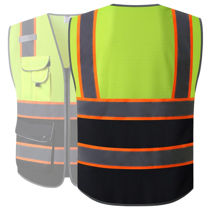 jksafety9pocketsmesh2colorneonyellowblackfluorescentorangetrimmingclass1brighthi visvestformanmenwomanwomen 2