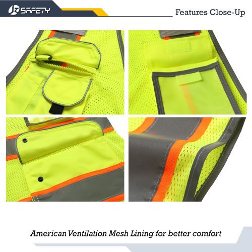 jksafety9pocketsmesh2colorneonyellowblackfluorescentorangetrimmingclass1brighthi visvestformanmenwomanwomen 4