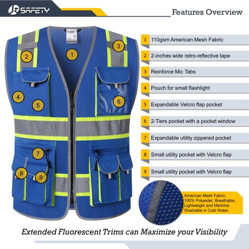 jksafetyhi visneonbluecolormeshreflectivesafetyvestchalecodeseguridadreflectantedemalladecolorneondealtavisibilidadformen 3