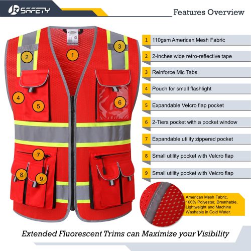 jksafetyhi visneonredcolormeshreflectivesafetyvestchalecodeseguridadreflectantedemalladecolorneondealtavisibilidadformen 3