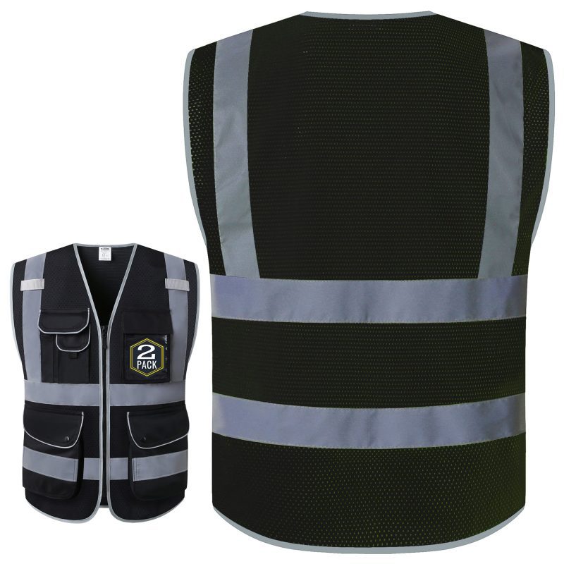 jksafetyhi visreflectivesafetyvestblackmeshfabriclightweightbreathable9pocketsidcredentialoshaansicompliantforworkerwomenmen 2