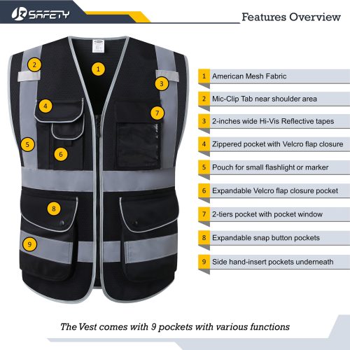 jksafetyhi visreflectivesafetyvestblackmeshfabriclightweightbreathable9pocketsidcredentialoshaansicompliantforworkerwomenmen 3