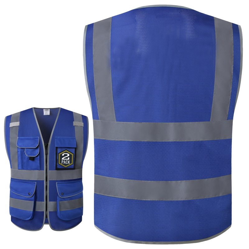 jksafetyhi visreflectivesafetyvestneonbluemeshfabriclightweightbreathable9pocketsidcredentialoshaansicompliantforworkerwomenmen 2