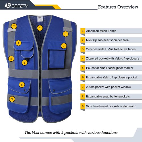 jksafetyhi visreflectivesafetyvestneonbluemeshfabriclightweightbreathable9pocketsidcredentialoshaansicompliantforworkerwomenmen 3