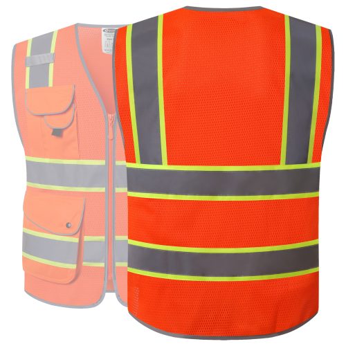 jksafetyhi visreflectivesafetyvestneonorangewithfluorescentyellowextendedtrims9pocketsoshaansicompliantforworkerswomenmen 2