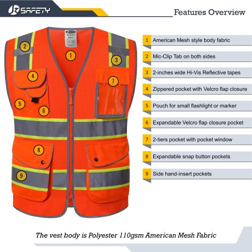 jksafetyhi visreflectivesafetyvestneonorangewithfluorescentyellowextendedtrims9pocketsoshaansicompliantforworkerswomenmen 3