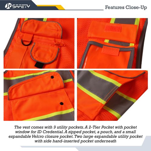 jksafetyhi visreflectivesafetyvestneonorangewithfluorescentyellowextendedtrims9pocketsoshaansicompliantforworkerswomenmen 4