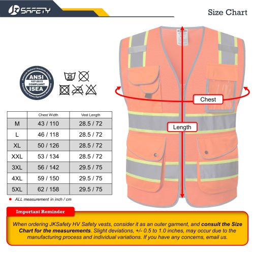 jksafetyhi visreflectivesafetyvestneonorangewithfluorescentyellowextendedtrims9pocketsoshaansicompliantforworkerswomenmen 5