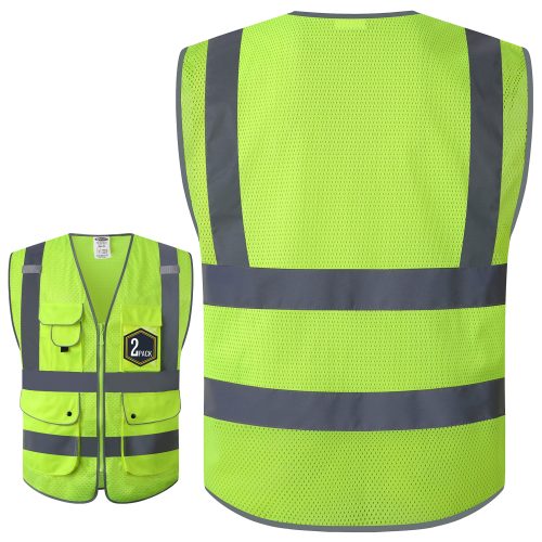 jksafetyhi visreflectivesafetyvestneonyellowmeshfabriclightweightbreathable9pocketsidcredentialoshaansicompliantforworkerwomenmen 2