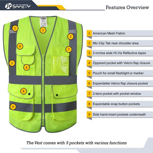 jksafetyhi visreflectivesafetyvestneonyellowmeshfabriclightweightbreathable9pocketsidcredentialoshaansicompliantforworkerwomenmen 3