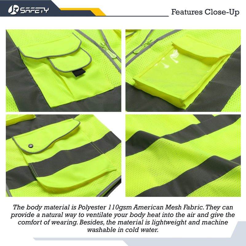 jksafetyhi visreflectivesafetyvestneonyellowmeshfabriclightweightbreathable9pocketsidcredentialoshaansicompliantforworkerwomenmen 4