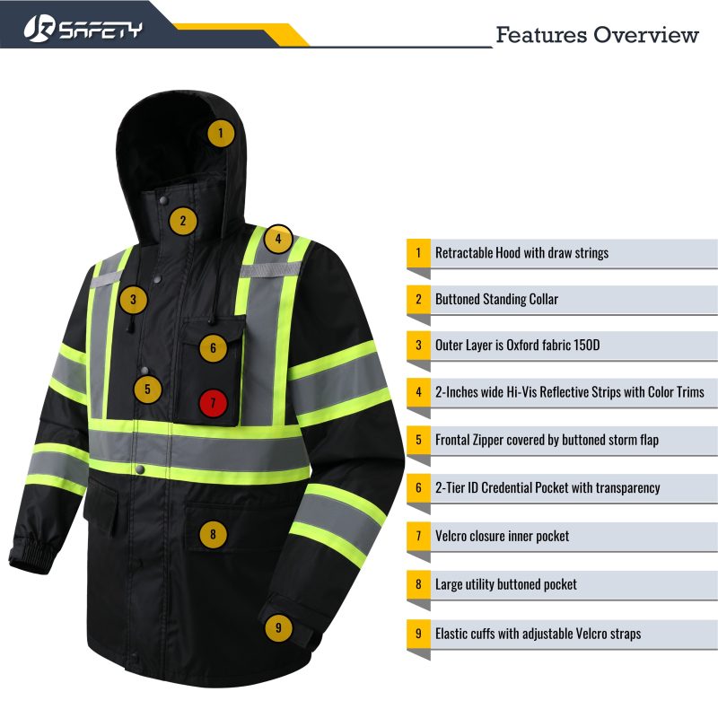 jksafetyhivisrainjacketrainsuiteformenwomenworkutilityoshacompliantblack 4