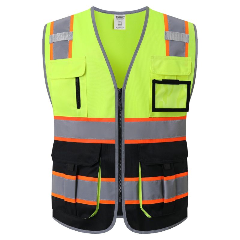 jksafetyhivisreflectiveconstructionvestformenwomenoshacompliantyellow blackwithmultiplepockets 1