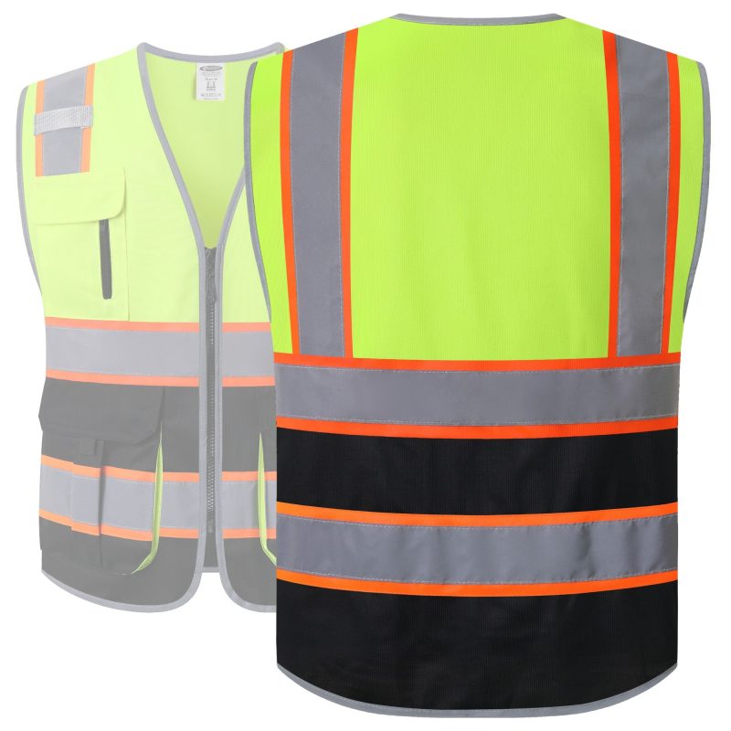 jksafetyhivisreflectiveconstructionvestformenwomenoshacompliantyellow blackwithmultiplepockets 2