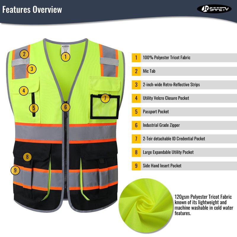 jksafetyhivisreflectiveconstructionvestformenwomenoshacompliantyellow blackwithmultiplepockets 4