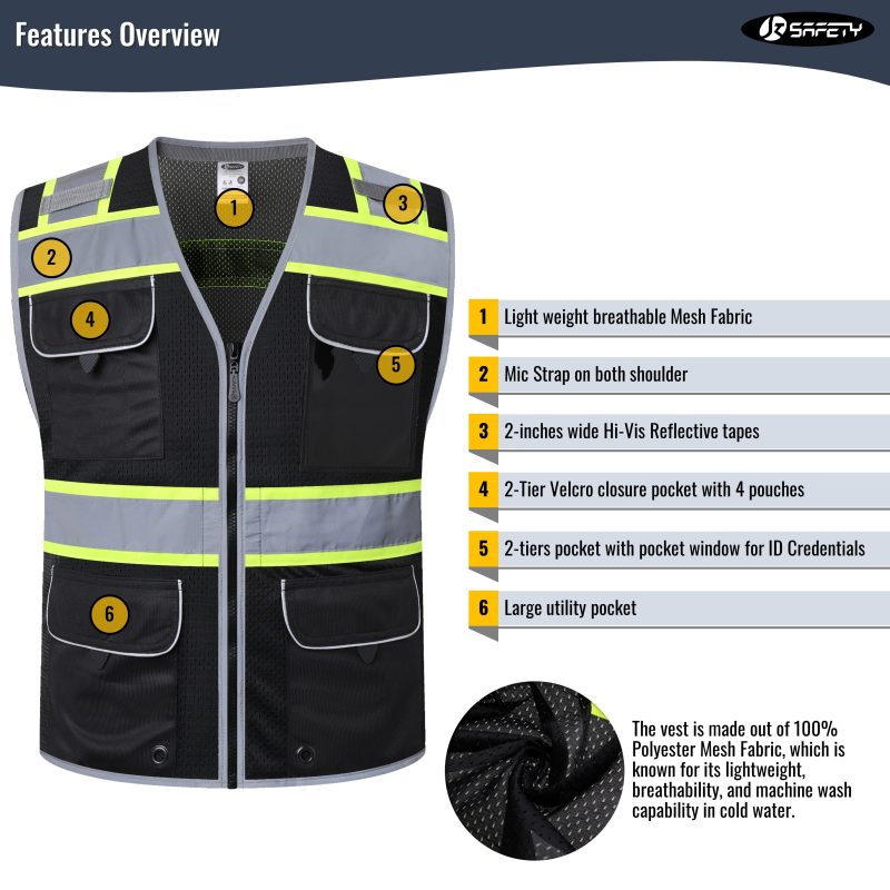 jksafetyhivisreflectivesafetyvestmeshfabricoshacompliantworkutiltiyformenwomenblack 3